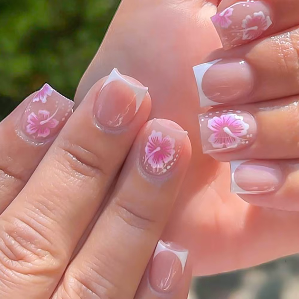 Faux ongles à fleurs françaises, 24 pièces, Design Hibiscus rose, couverture complète, pointes de do