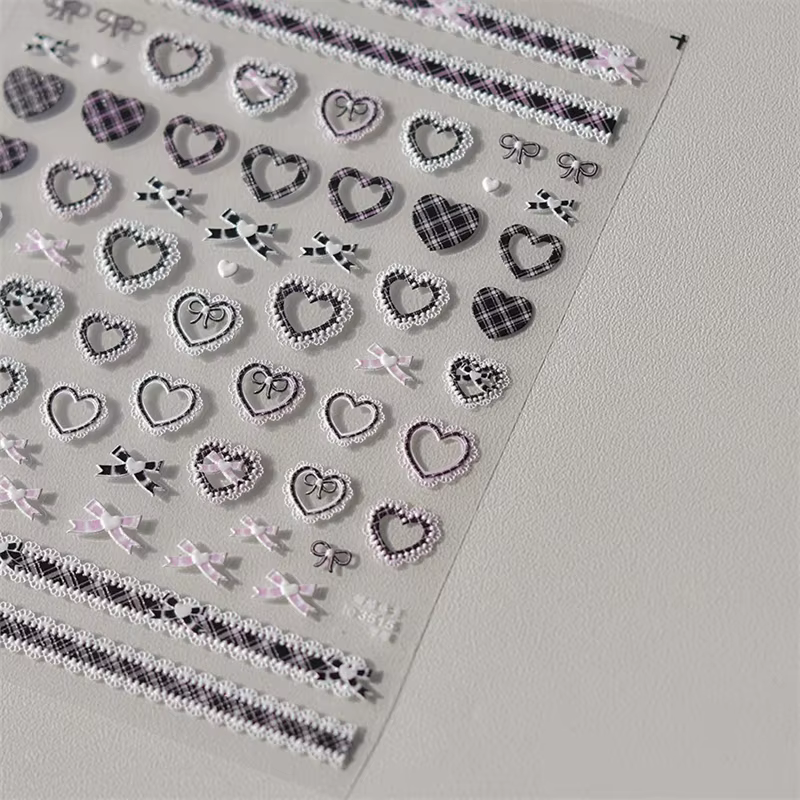 Autocollants en dentelle pour ongles, 1 pièce, motif cœur d'amour, rose, blanc, noir, auto-adhésif,