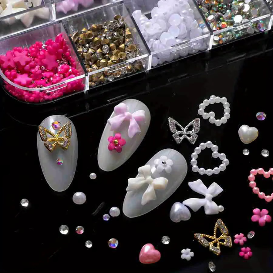 Strass pour ongles en alliage mixte, 12 grilles, nœud papillon, Mini fleur, gemmes, perles, cœur, dé