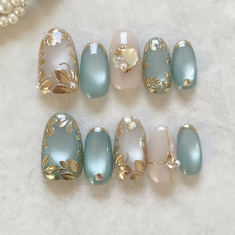 24 pièces rose amande presse sur ongles motif de fleur faux ongles portable ongles à coller faux ong