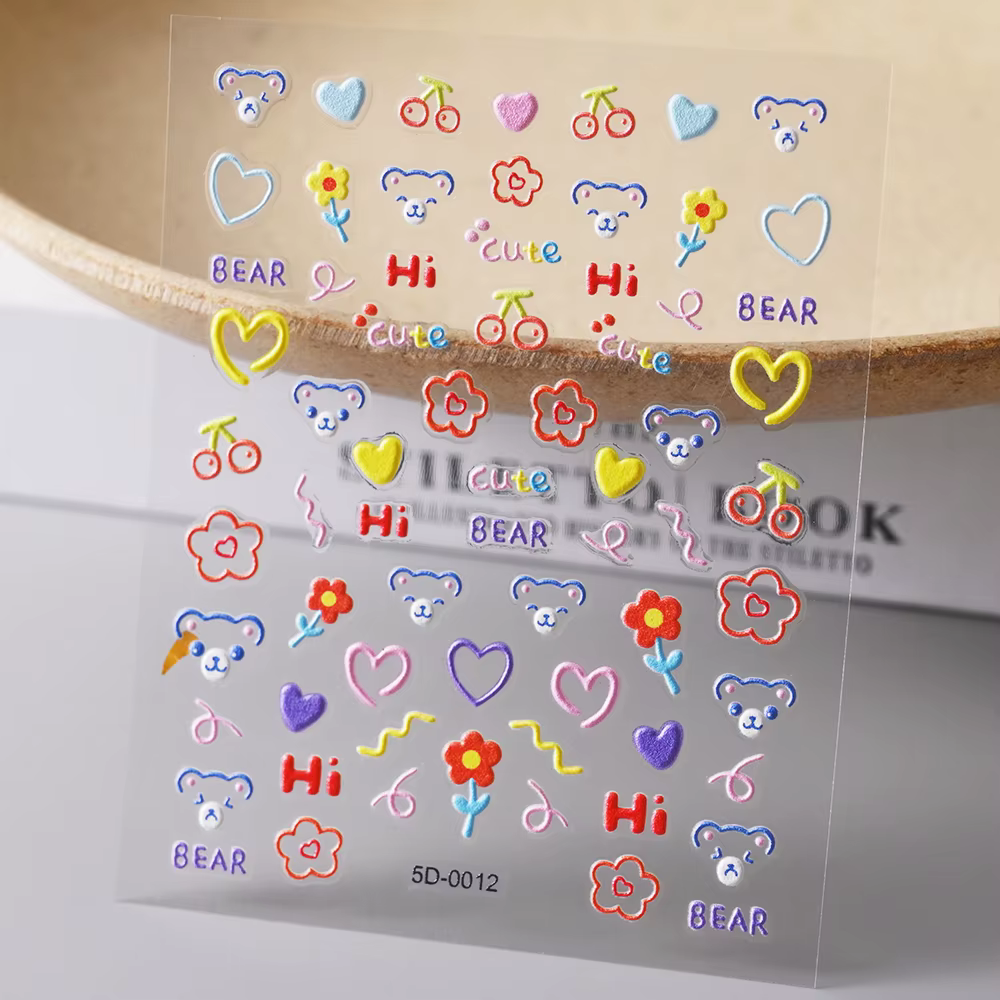 Autocollant 5D Macaron fleur/fruits pour ongles, breloques en relief ours/lapin/lettre N64.Slider, d