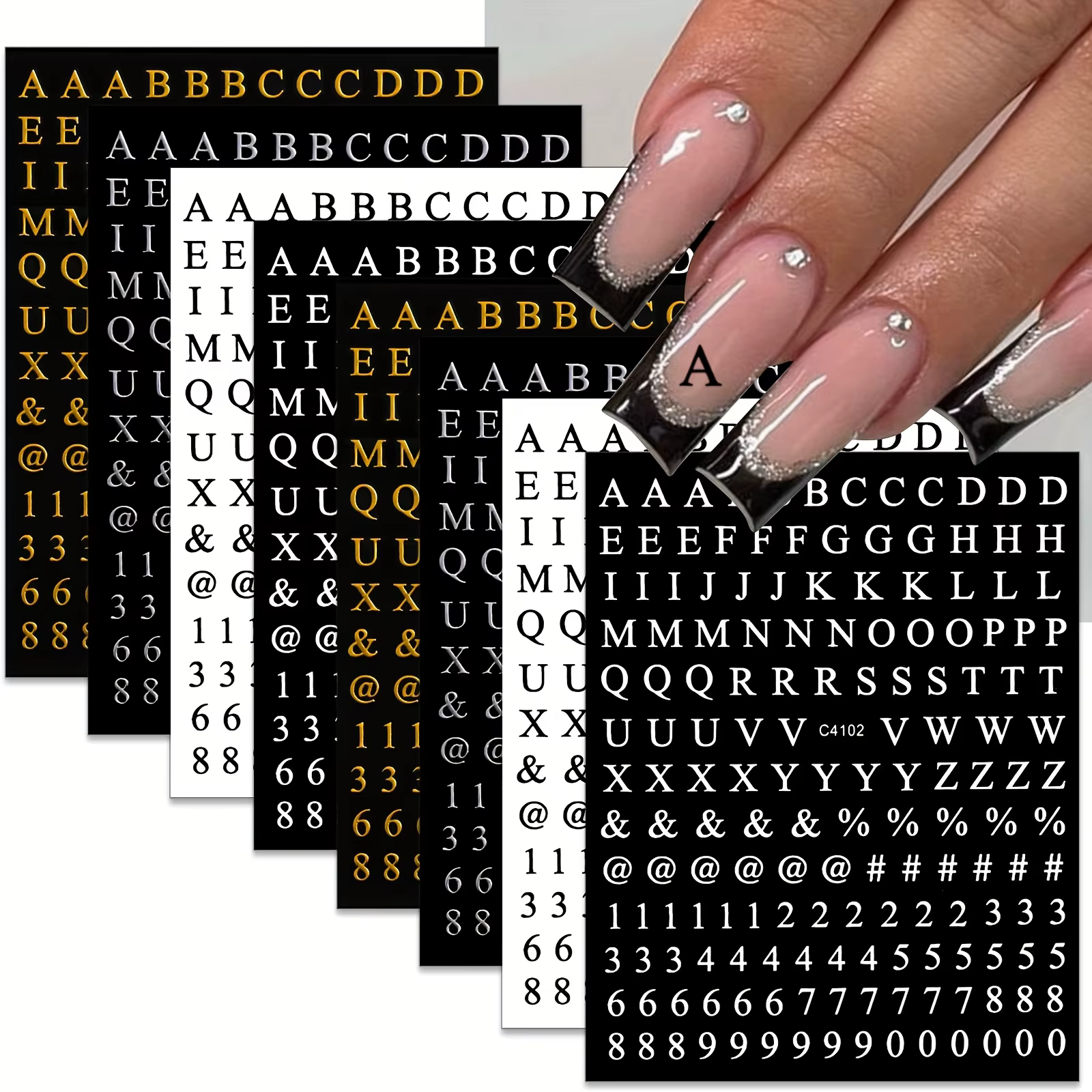 8 feuilles lettres Nail Art autocollants numéro ongles décalcomanies auto-adhésif luxe or argent ang