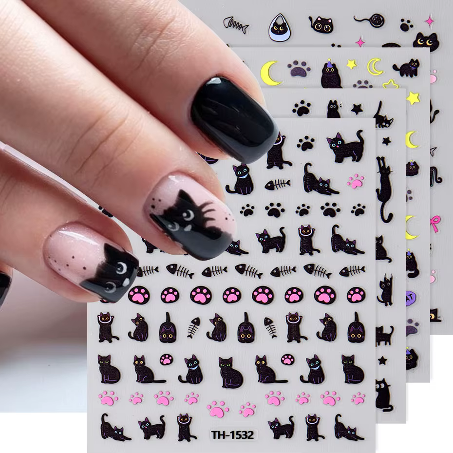Autocollant pour ongles motif chat noir Kawaii, décalcomanies à faire soi-même, motif griffe rose, j