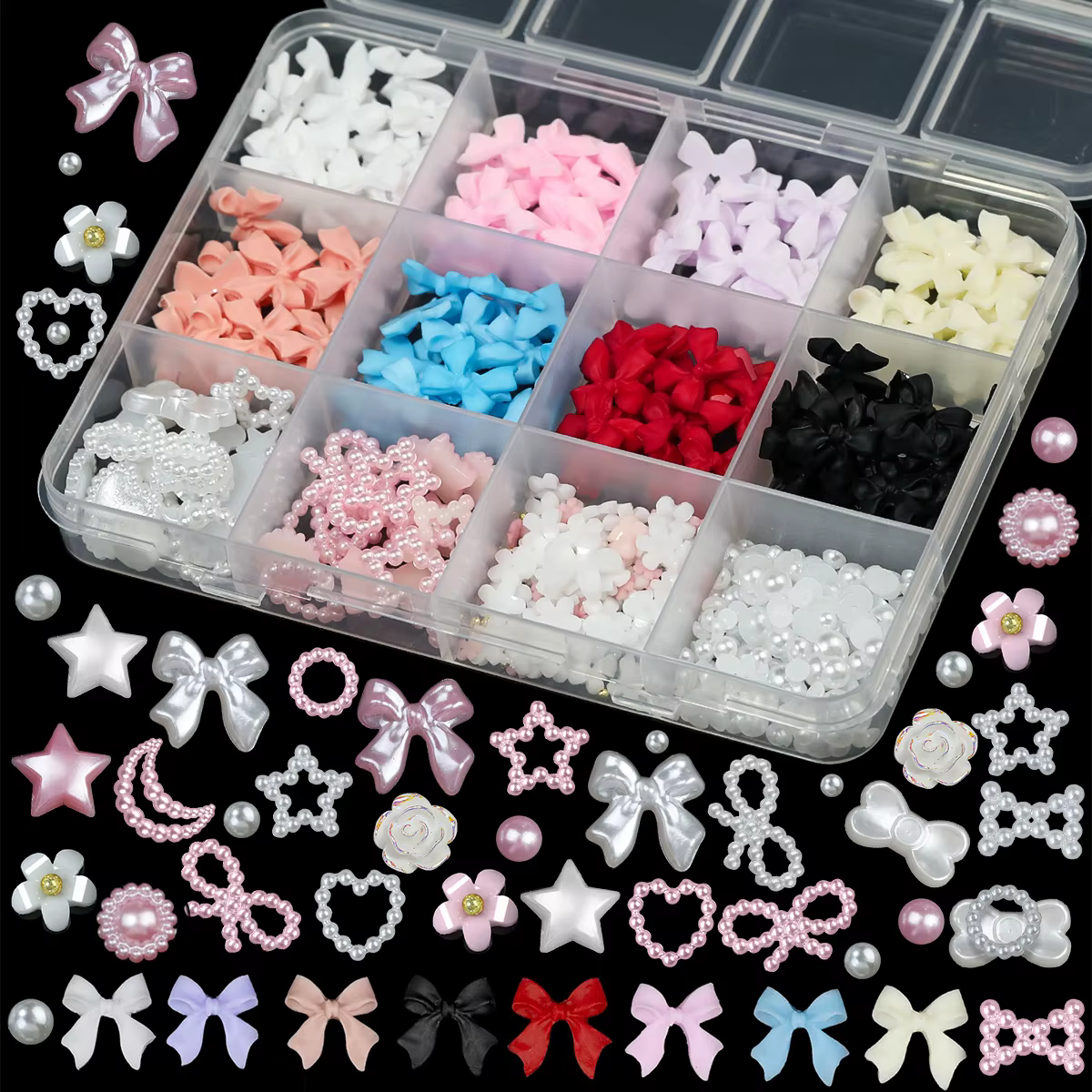 Boîte de 12/15 compartiments de décorations pour ongles en résine, nœuds papillon mixtes, breloques 