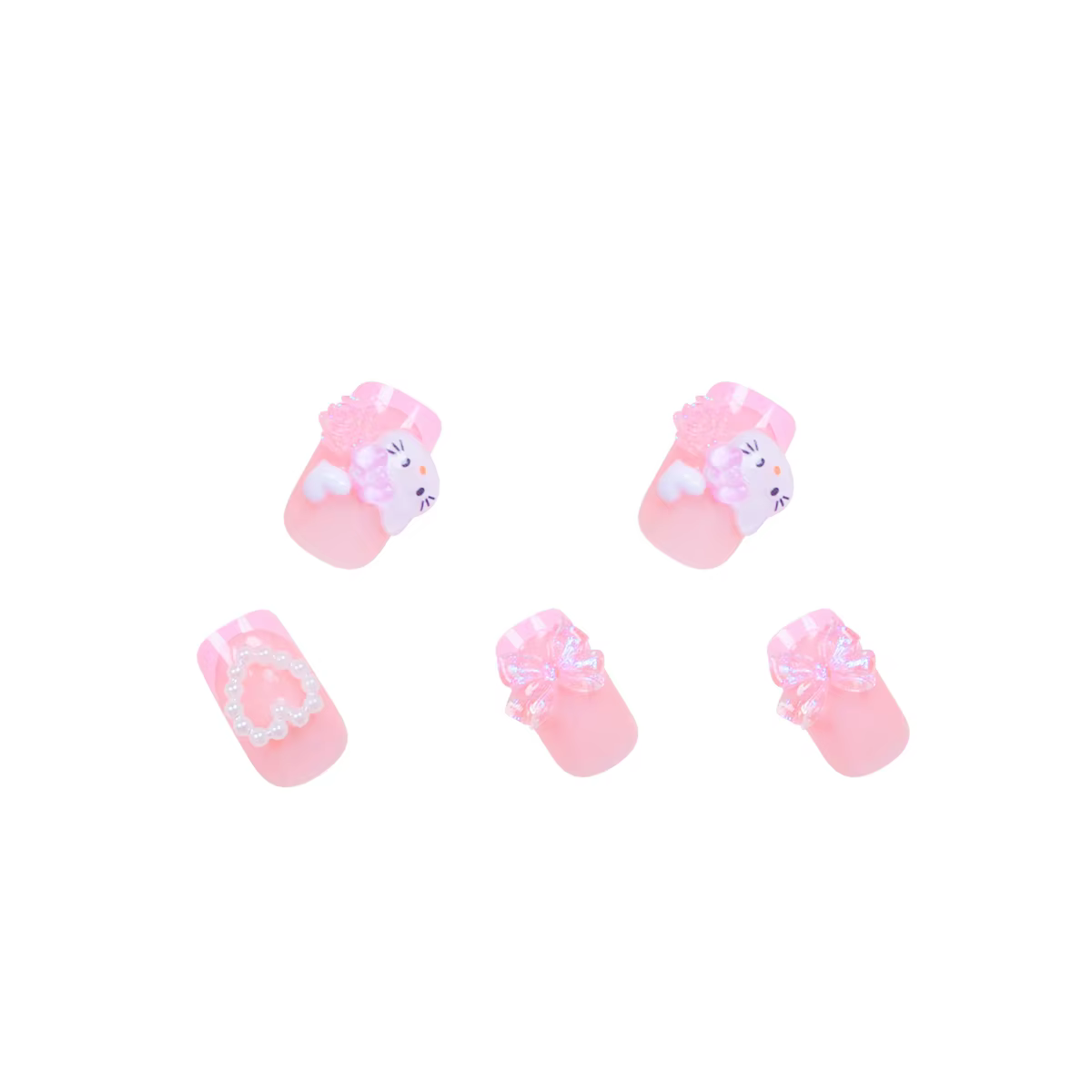 24 ongles carrés moyens rose français mignon dessin animé chat blanc amour camélia Patch pour ongles