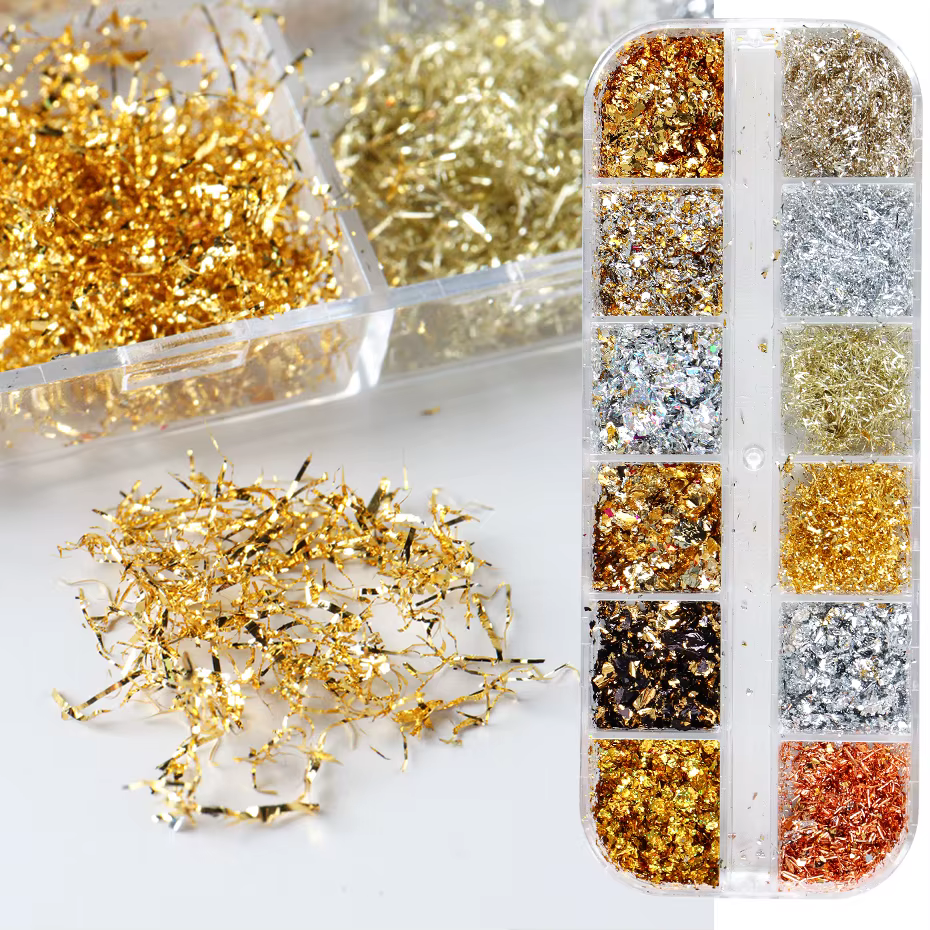 Feuilles d'or pour ongles magnifiques, 12 couleurs, paillettes aléatoires, flocons d'aluminium, puce