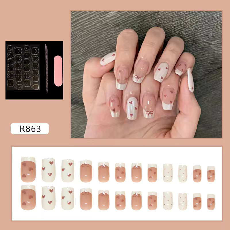 Faux ongles courts à presser style ballet, nude blanc, French, avec motif cœur rouge et mini nœud, a