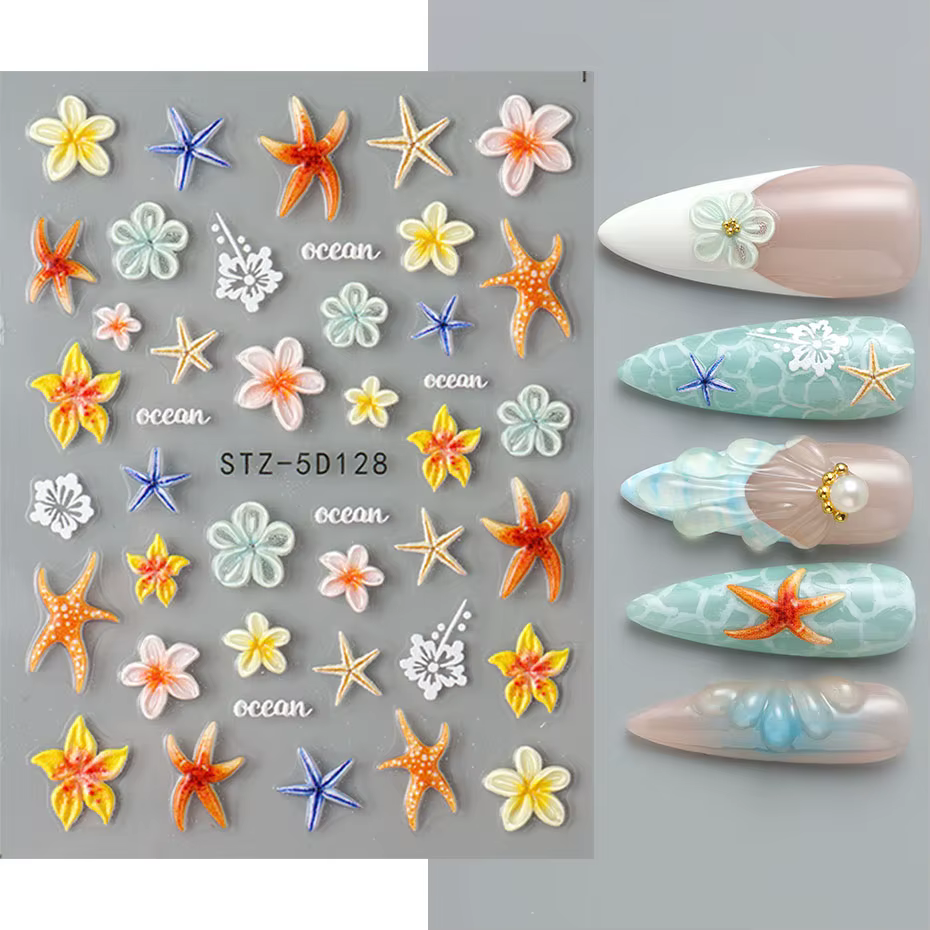 Autocollants pour ongles étoile de mer Kawaii, 2 pièces, autocollants floraux 3D pour Nail Art, auto