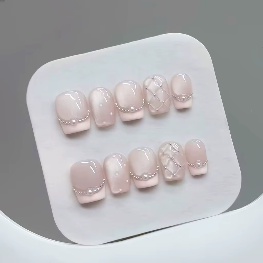 10 pièces presse à la main sur les ongles Plaid perle oeil de chat français Aurora queue de poisson