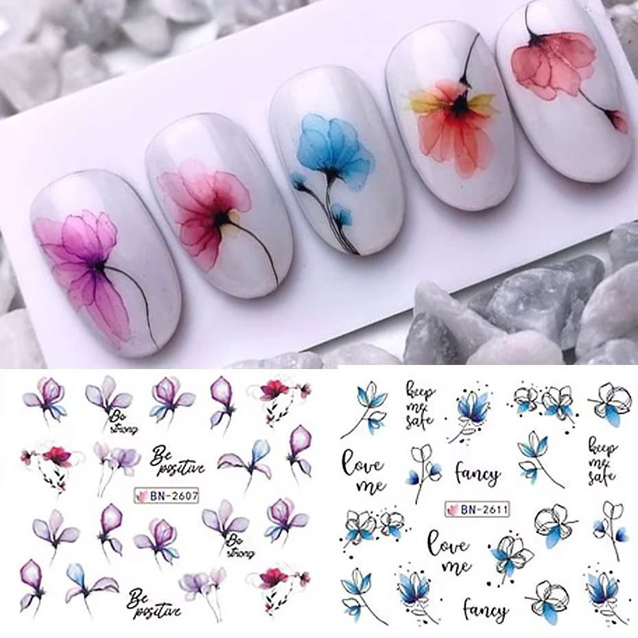 Autocollant de fleurs d'encre pour Nail Art, 12 pièces, décalcomanie d'eau d'été, fleurs en fleurs,