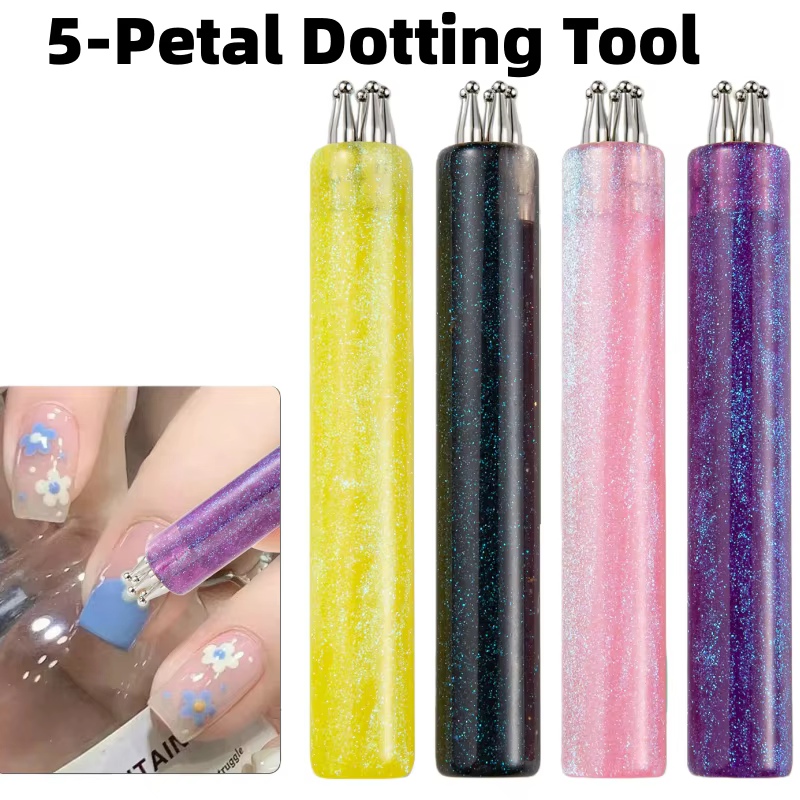 Stylo à points pour nail art à 5 pétales, pointe fine, pinceaux pour strass, manche pailleté, outils