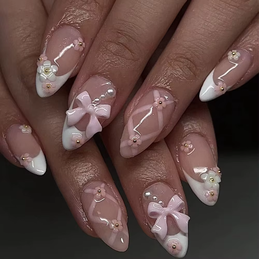 Faux ongles français longs à pression en amande, avec nœud rose, Design floral portable, manucure ov