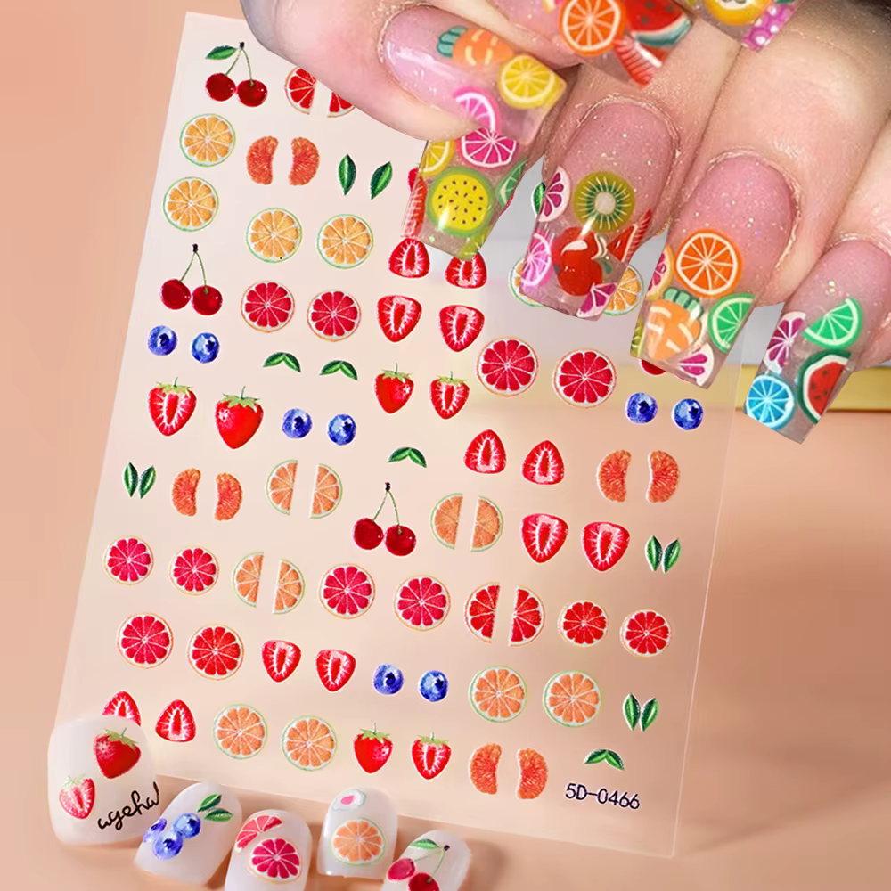 5D belle rouge Fruit cerise fraise Nail Art autocollant doux Orange pamplemousse curseurs conception