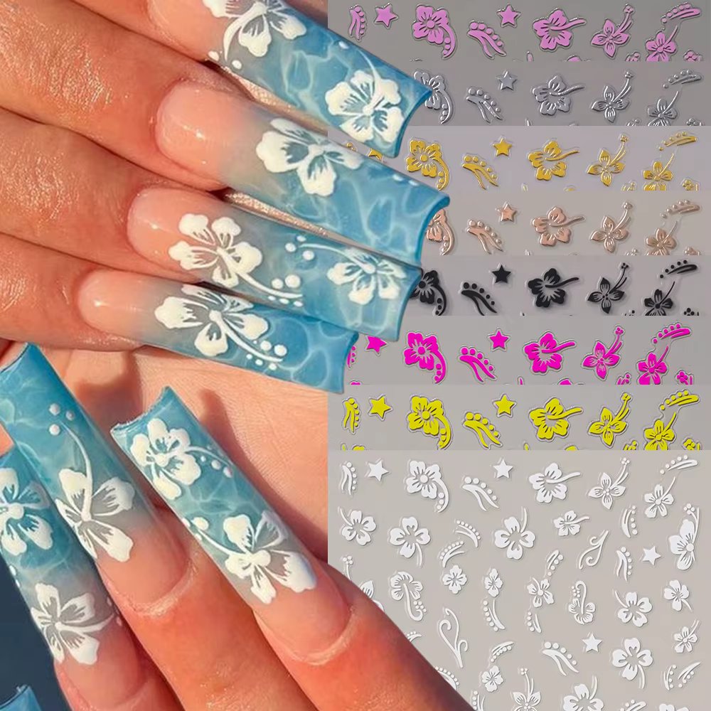 Autocollant 3D fleurs d'hibiscus pour ongles, 1 pièce, pétales de fleurs blancs et noirs, décalcoman