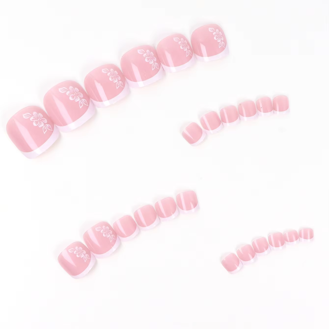 Faux ongles roses avec couverture complète de colle acrylique brillante, bâtons artificiels à fleurs