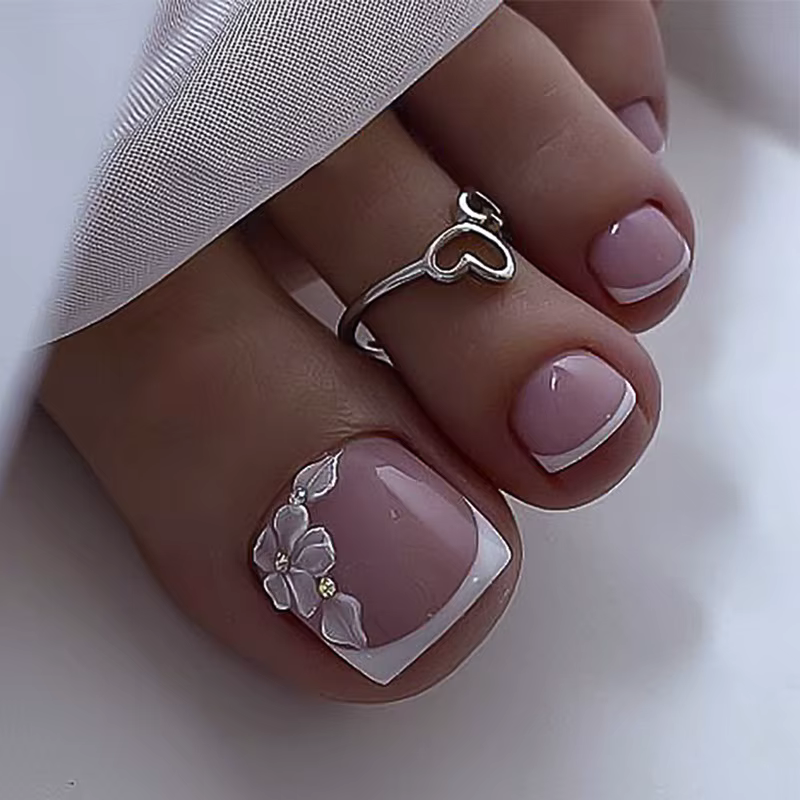 Faux ongles français pour orteils, avec cœur, Design strass, bord blanc, presse d'été sur les ongles
