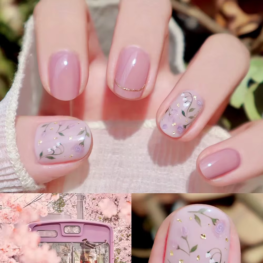 Faux ongles moyens pour femmes et filles, fleurs de printemps et d'été, couleurs bleu violet blanc,