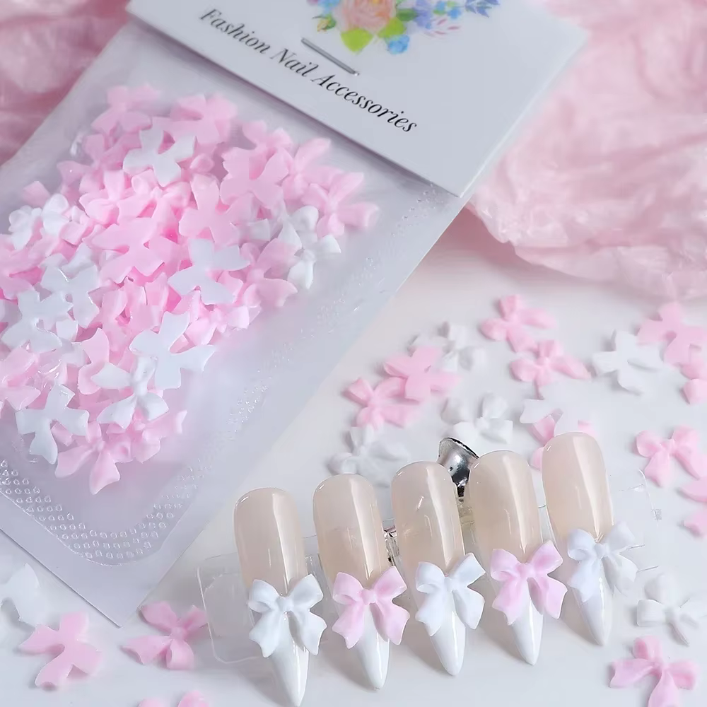 Breloques pour ongles avec nœud en ruban rose et blanc, pièces rouges coréennes, décoration de crava