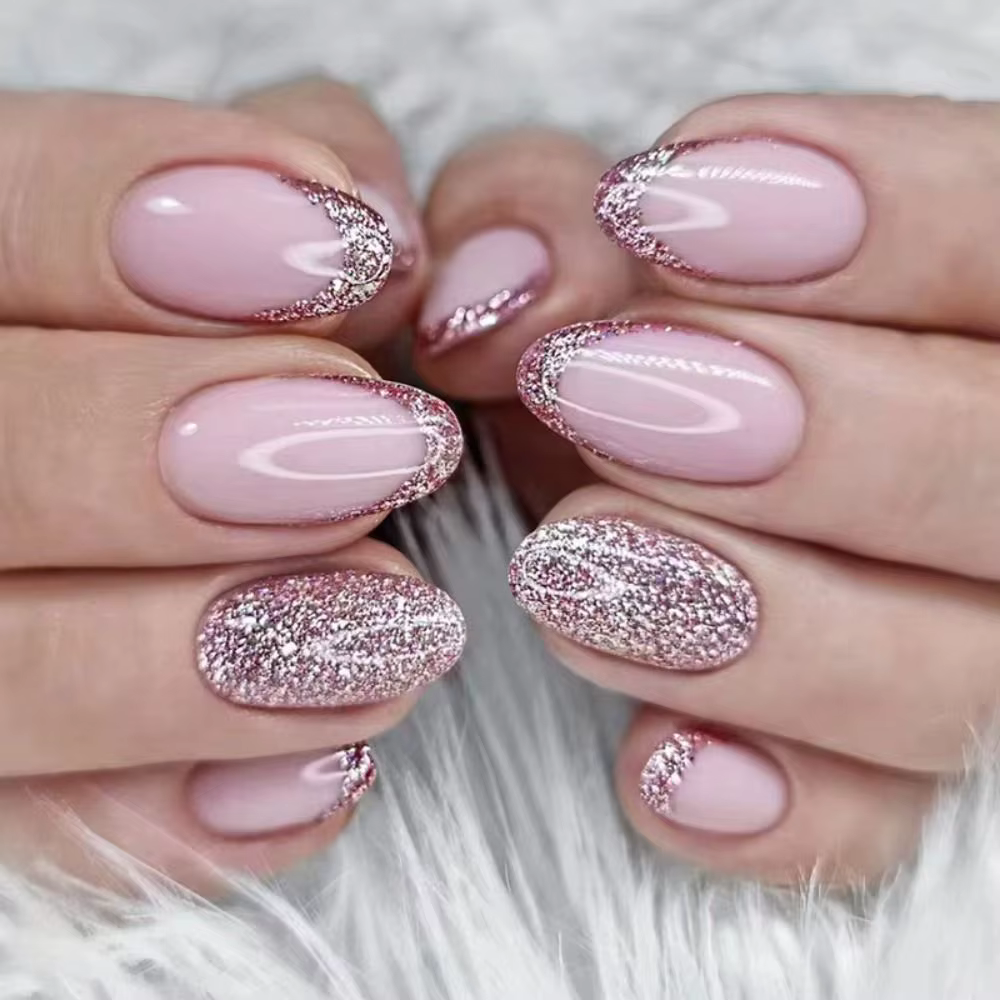 Faux ongles pailletés à base d'amande pour femme, 24 pièces, bouts d'ongles à couverture complète, s