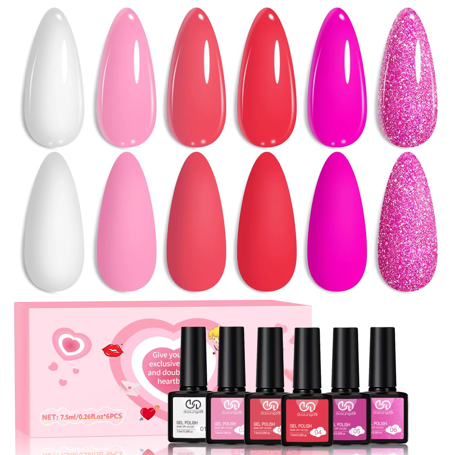 Lot de 6 vernis gel pour la Saint-Valentin, 7,5 ml, couleur rouge, LED/Gel Polish Art Entry Nail Sal