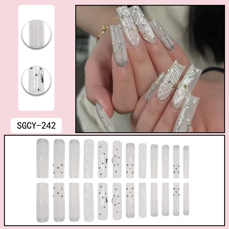 24 pièces de faux ongles Ultra longs en forme de cercueil, à pression, motif français, dégradé et fl