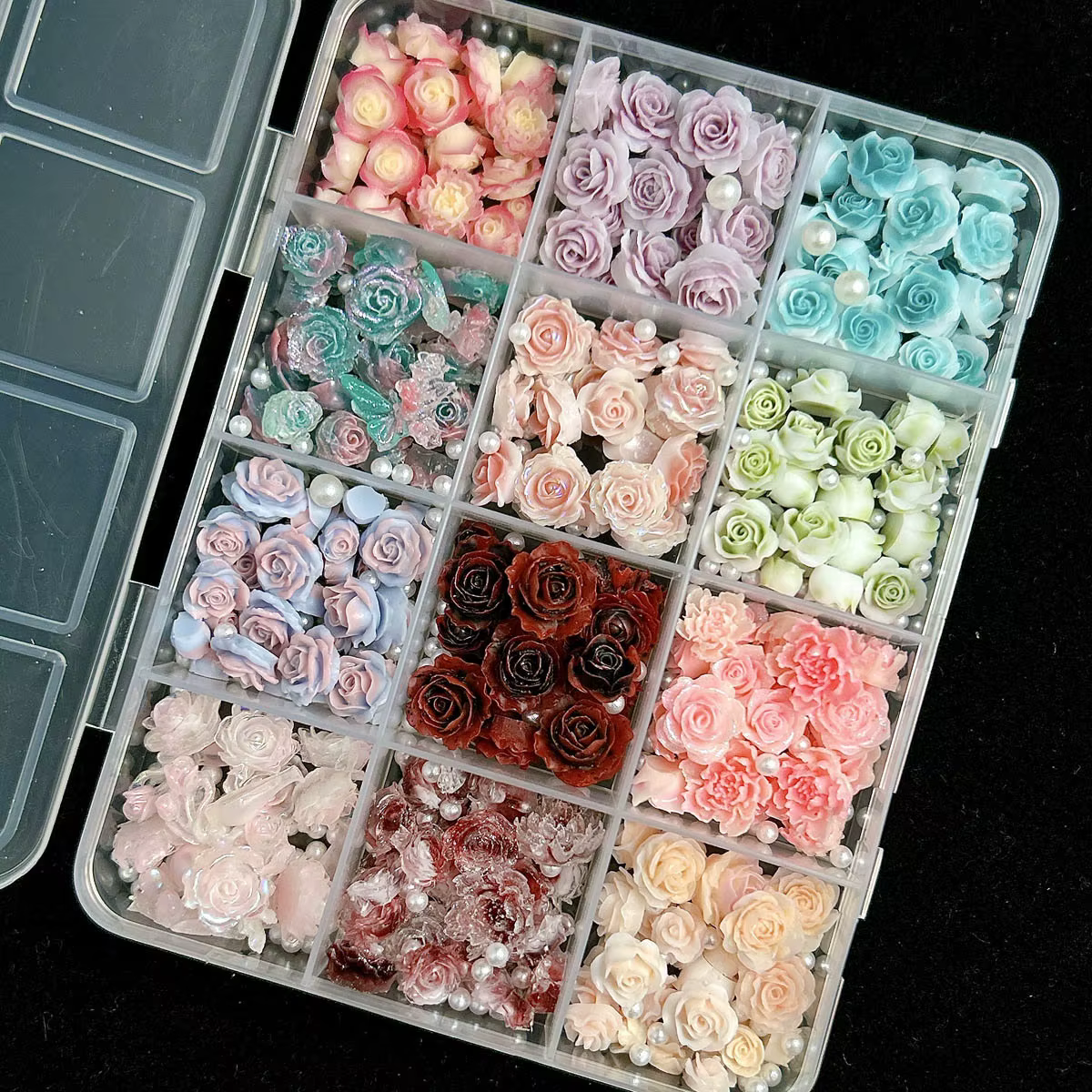Breloques pour ongles en résine mixte 3D, 12 grilles, fleur de Rose, strass à dos plat, bricolage, d