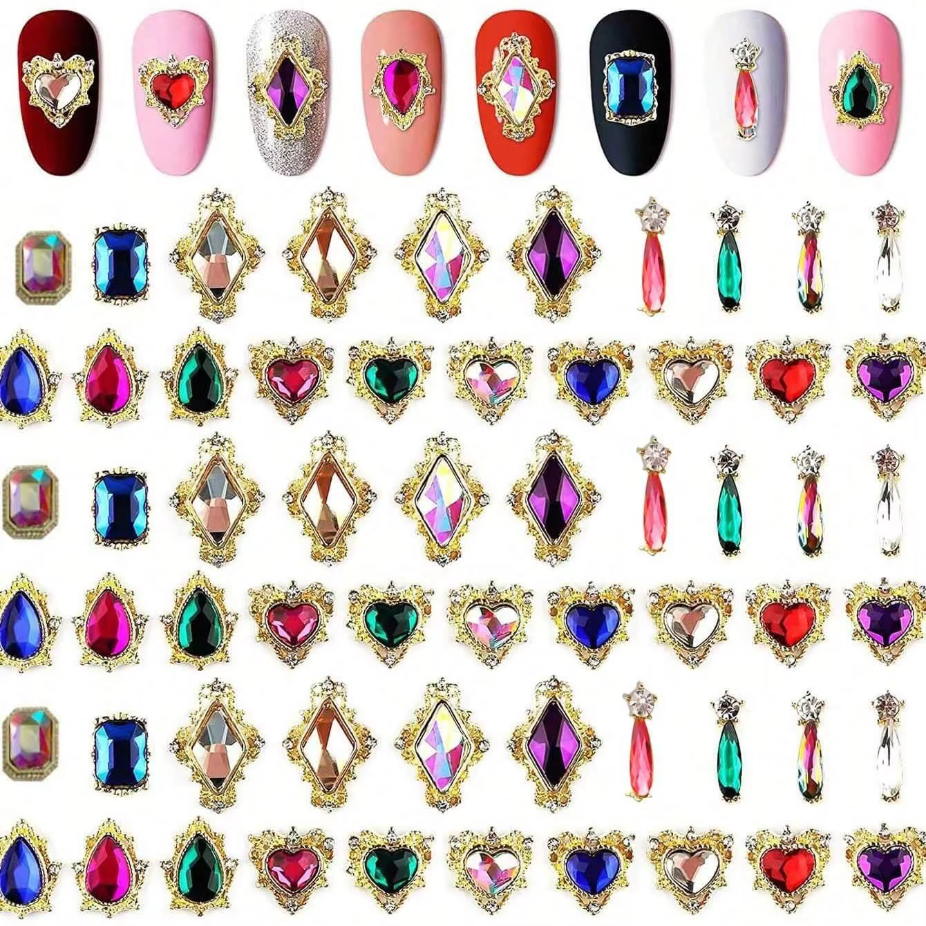 Mélange de strass pour Nail Art, 60 pièces, cœur/carré/goutte d'eau, gros bijoux en cristal irisé AB