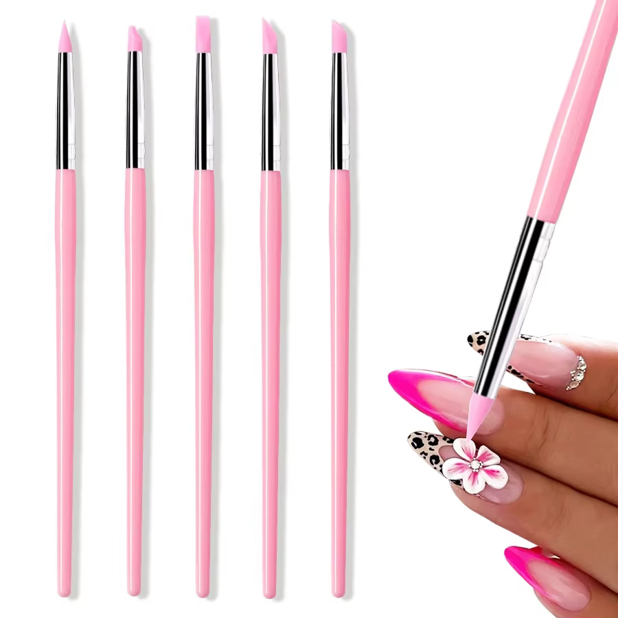 Brosse à ongles en Silicone, 5 pièces/ensemble, sculpture, gaufrage, Gel creux façonnant, stylo rose