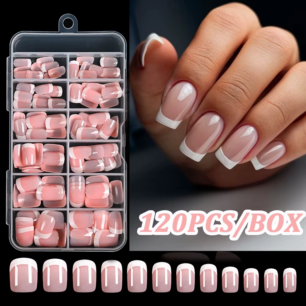 120 pièces/boîte rose français faux ongles brillant français court carré conception couverture compl