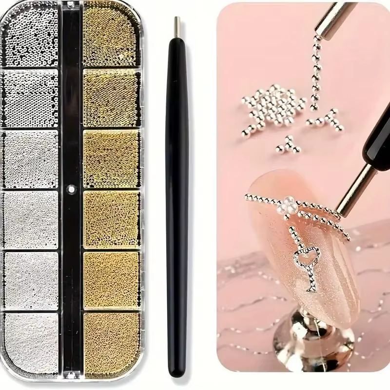 Mini perles de Caviar à 12 grilles, décorations pour Nail Art, Micro boule en métal or/argent, brelo