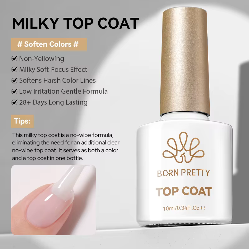 BORN PRETTY 10ml Vernis Gel Laiteux de Finition Soak Off UV LED Longue Tenue Blanc Laiteux Semi-Perm