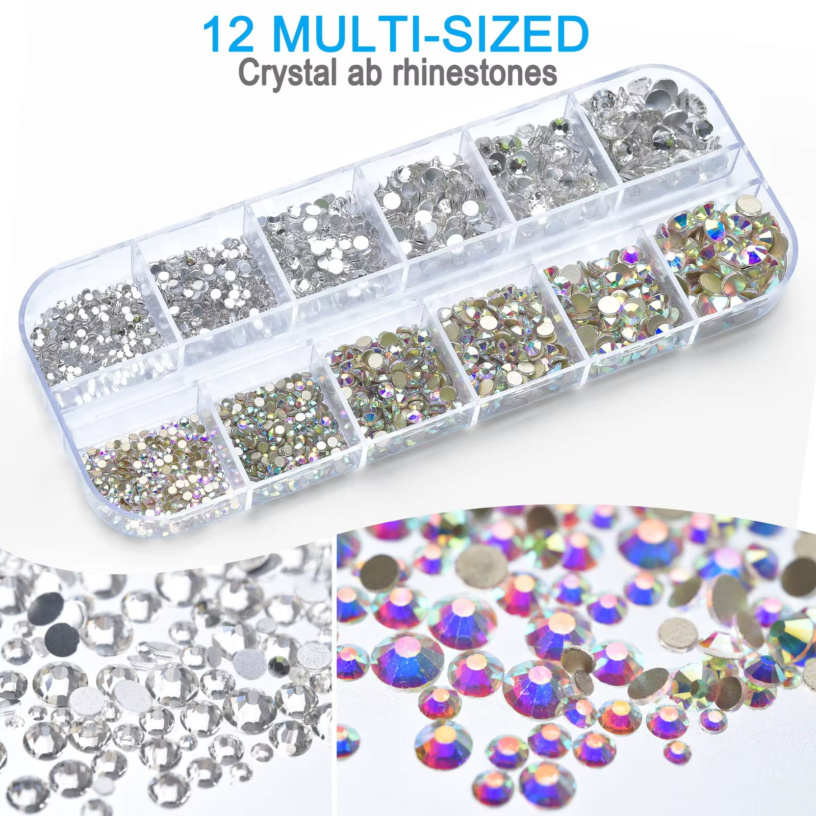 Kit de strass pour Nail Art, pierres précieuses en verre AB à dos plat, avec 1 boîte d'organisation 