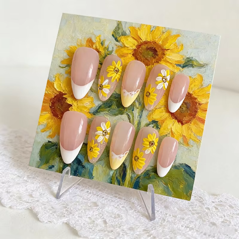 Lot de 10 faux ongles press-on faits main motif tournesol, couvrance totale, longueur moyenne, pour 