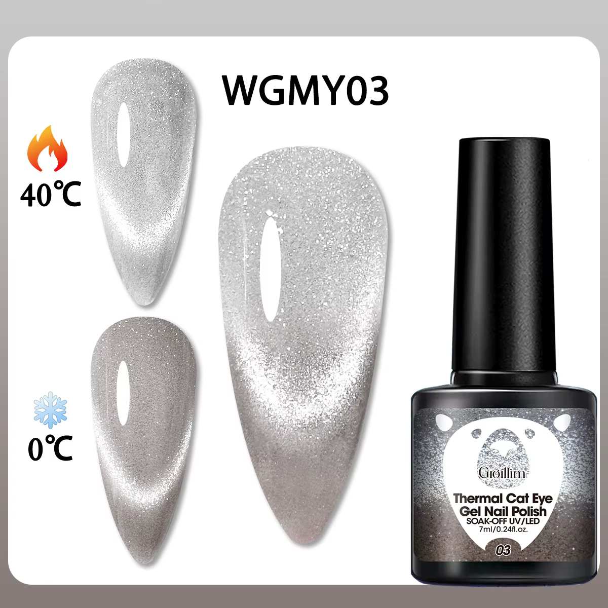Une bouteille de vernis à ongles gel à couleur changeante et sensible à la chaleur, avec nail art dé