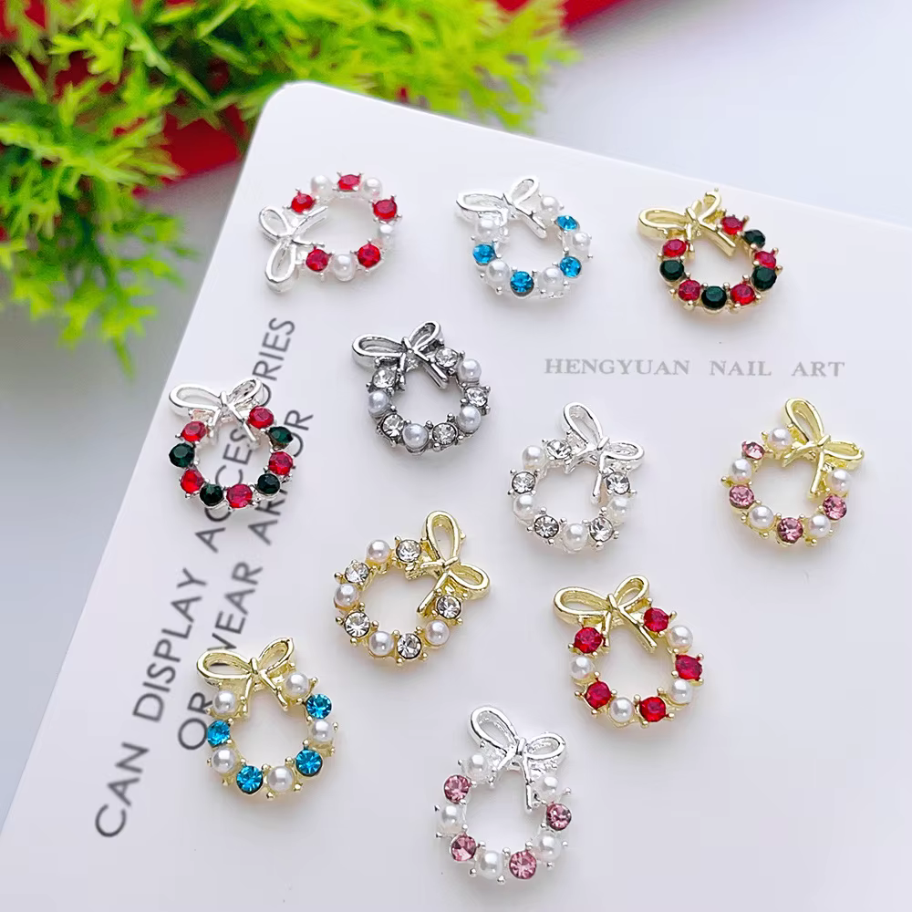 Couronne de noël de luxe pour Nail Art, breloques avec nœud rose, perle, diamant, alliage d'or et d'