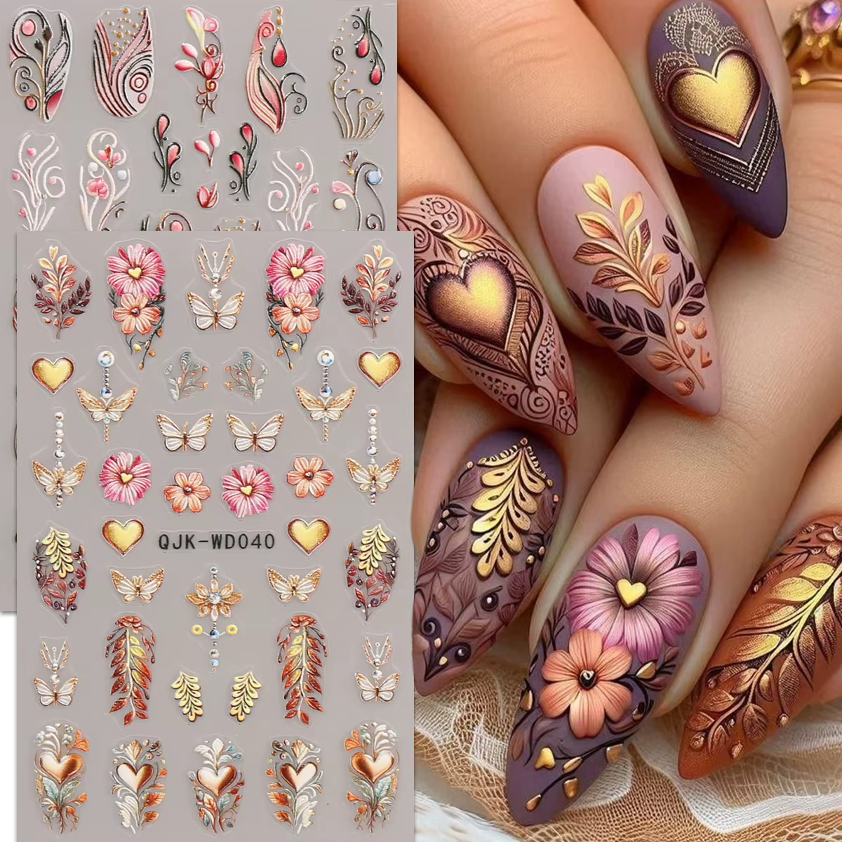 Autocollants pour nail art en relief à motif bohème, thème nostalgique rétro, décoration d'ongles fa