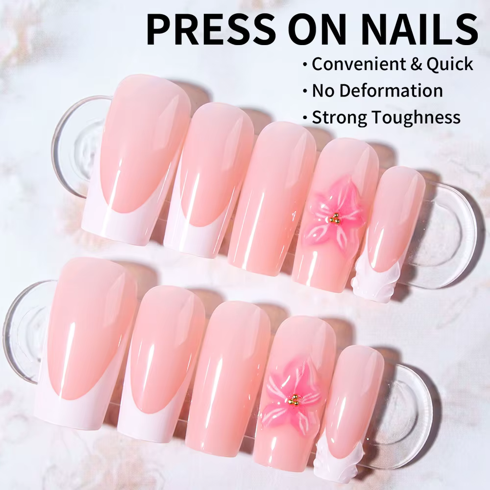24 pièces Long carré 3D tridimensionnel Gelnail fait des ongles de fleur avec perle décorer concepti