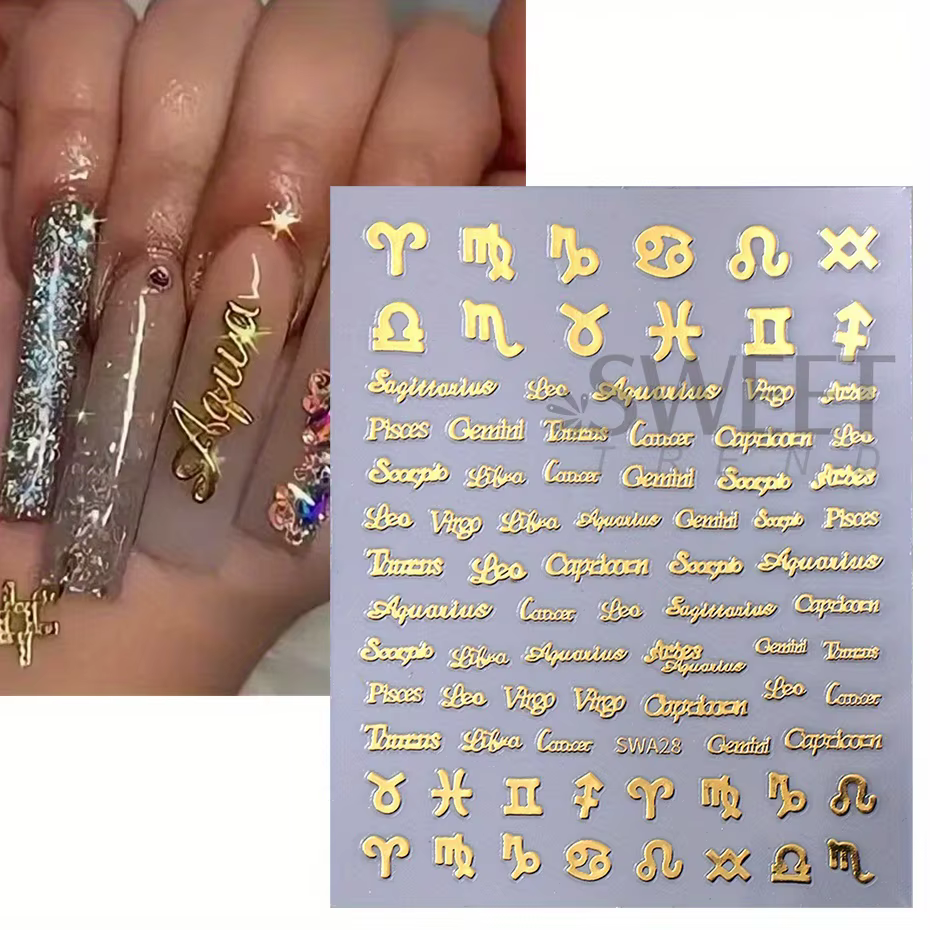 Autocollants de manucure pour ongles, douze Constellations, Alphabet anglais, mots adhésifs, or, arg