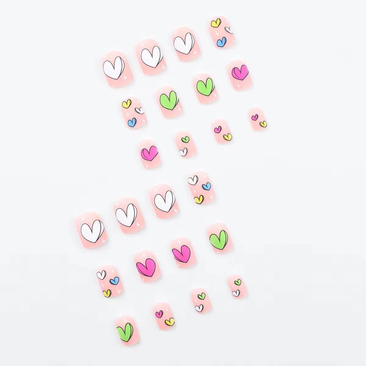 24 pièces faux ongles carrés courts mats, conception de coeur coloré couverture complète presse sur