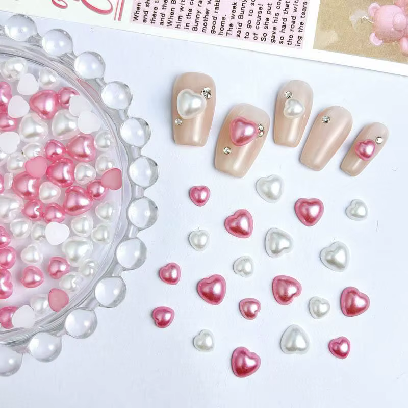 Breloques mélangées en résine 3D pour Nail Art, rose, blanc, cœur, perle de simulation, décorations