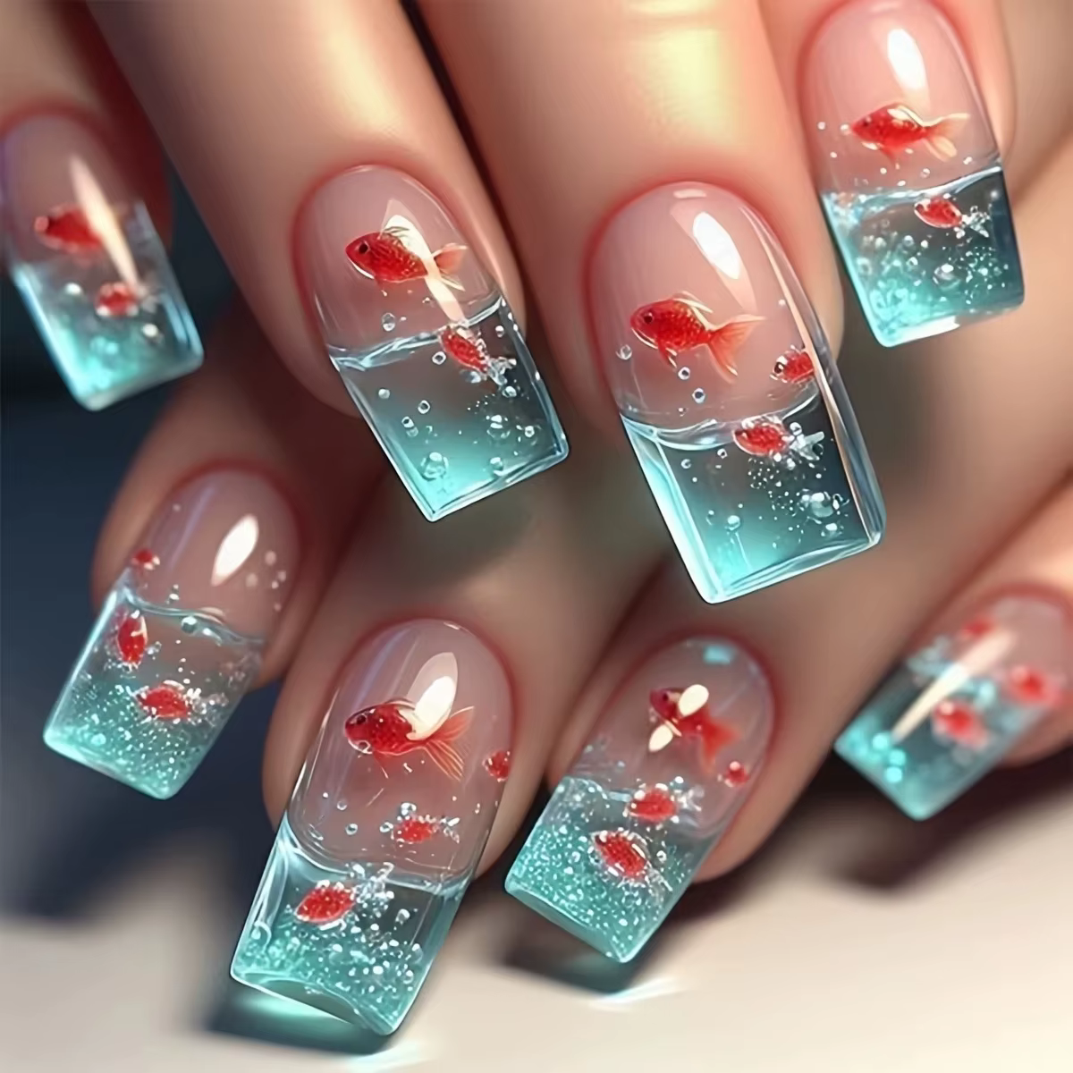 Faux ongles carrés mi-longs pour femmes, motif poisson bleu aquatique estival, couleurs jaune et rou
