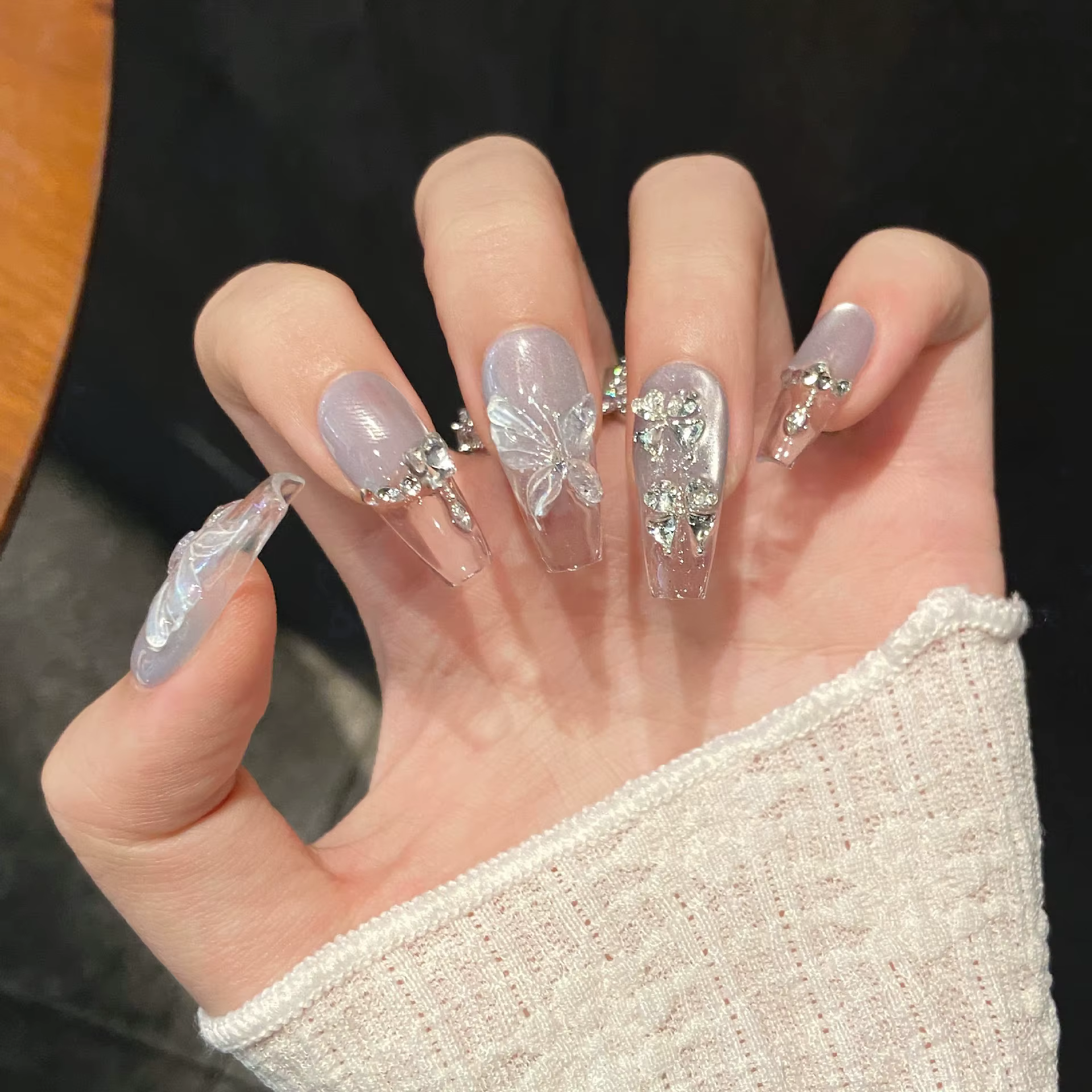10 pièces à la main bleu glace dégradé presse sur ongles avec papillon conception faux ongles portab