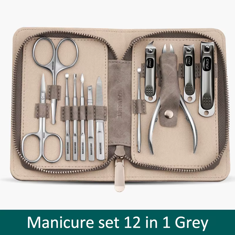Kit de Manucure avec Coupe-Ongles Gris Morandi, Emballage en Cuir de Vache, Cadeau Parfait pour Amis