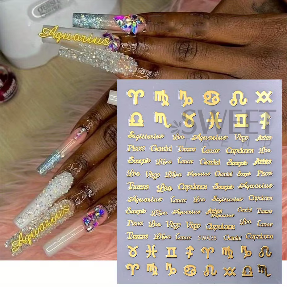 Autocollants de manucure pour ongles, douze Constellations, Alphabet anglais, mots adhésifs, or, arg