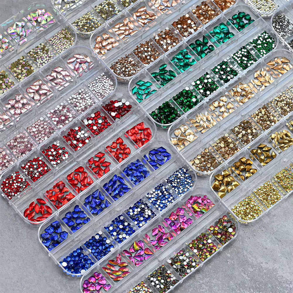 Strass 3D or/Champagne pour Nail Art, 12 grilles, formes mixtes, diamants en verre à dos plat, brelo