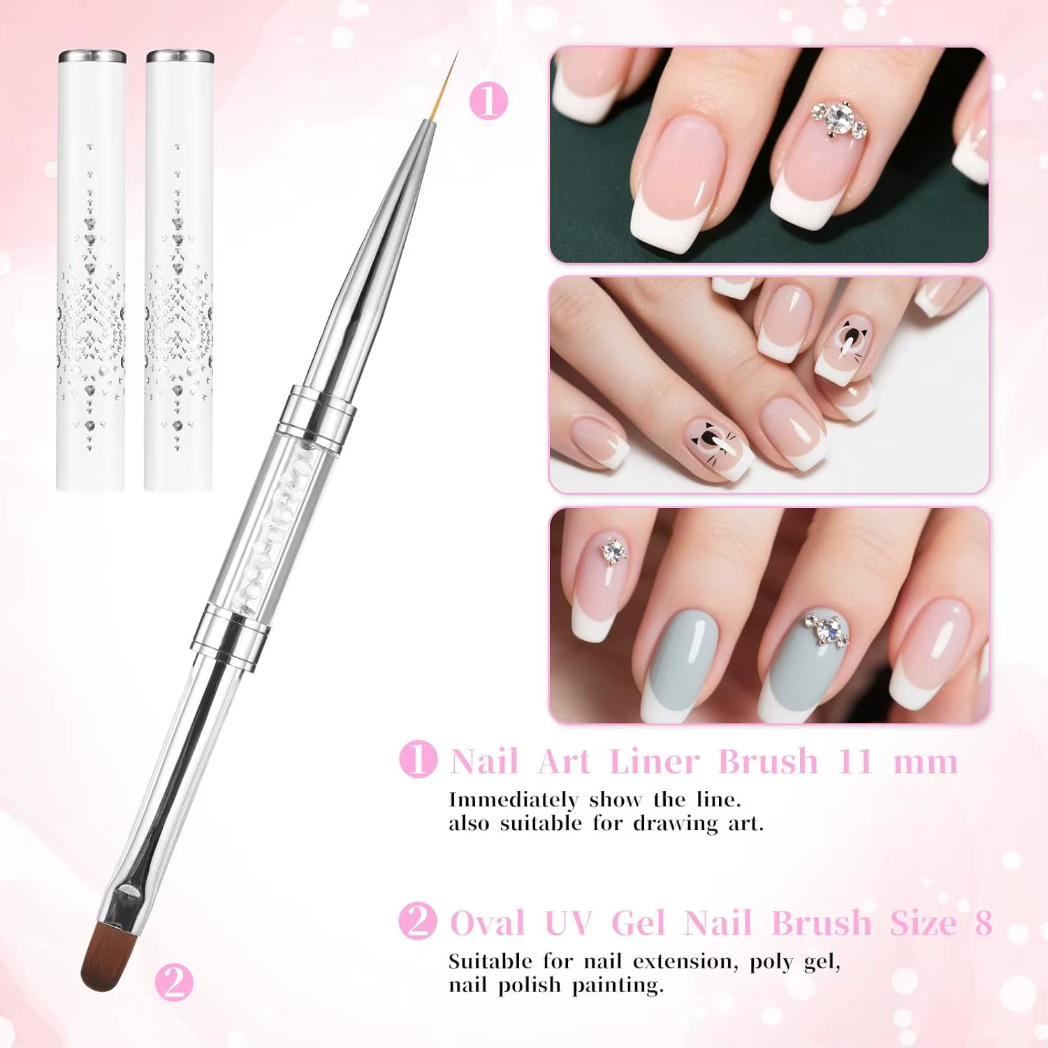 Pinceaux ovales à Double extrémité pour Nail Art, 2 pièces, avec poignée en strass, pointe française