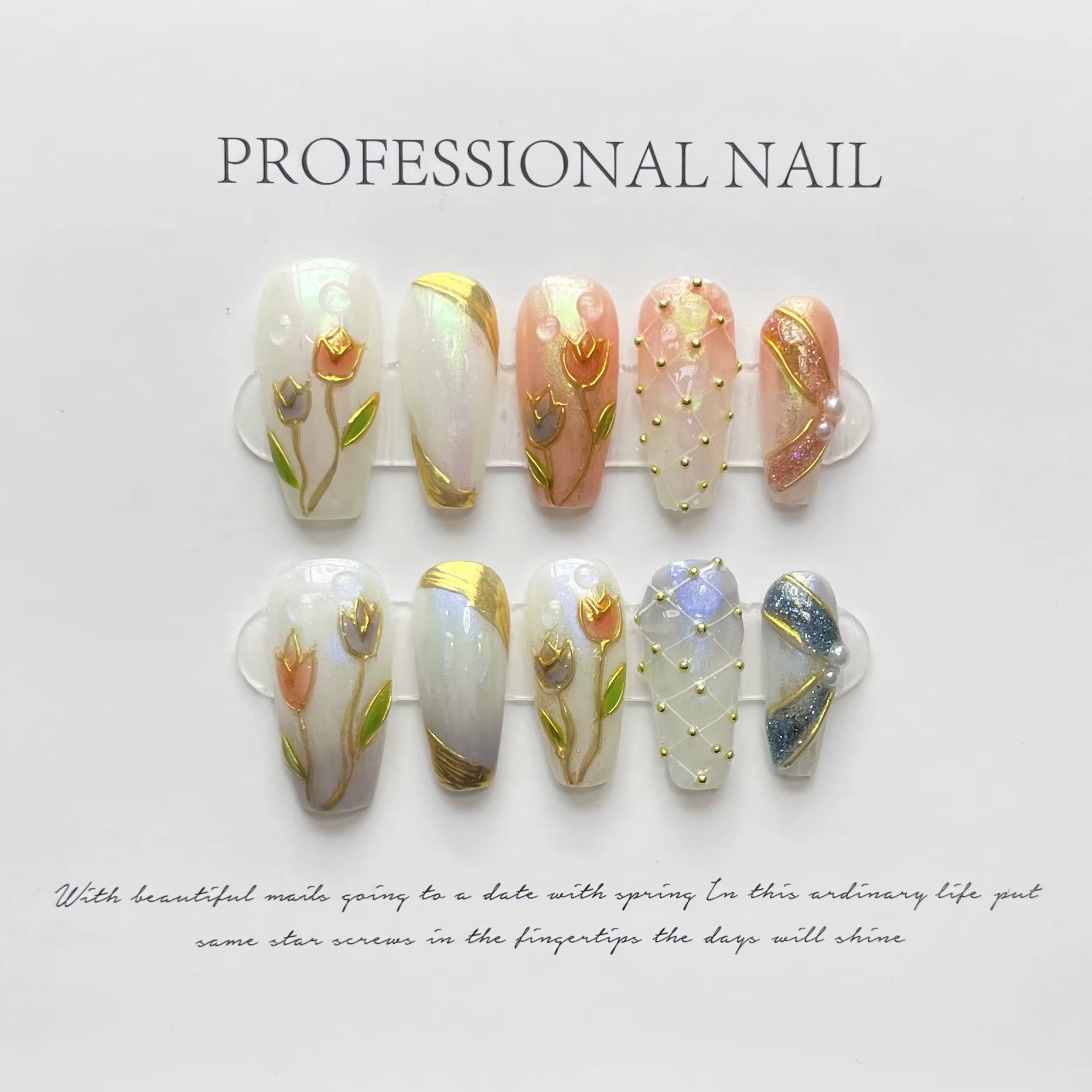 10 pièces 3D fleur verte à la main presse sur ongles français faux ongles portable ongles à coller f
