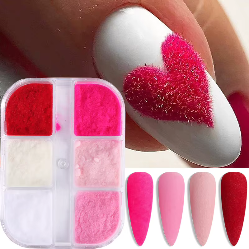 Décoration d'ongles en velours rose, blanc et rouge, poudre à ongles brillante en velours holographi