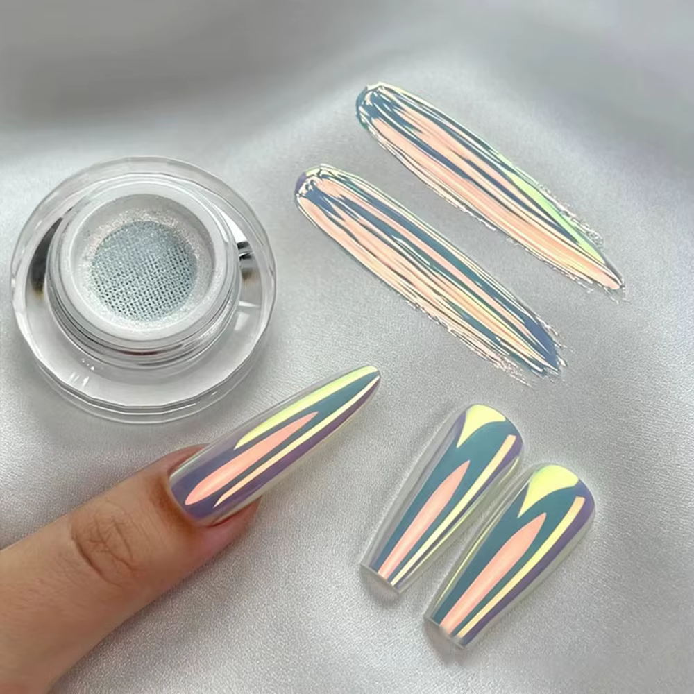 Paillettes Aurora Chrome pour Ongles, Poudre Scintillante Effet Sirène Argenté pour Manucure DIY et 