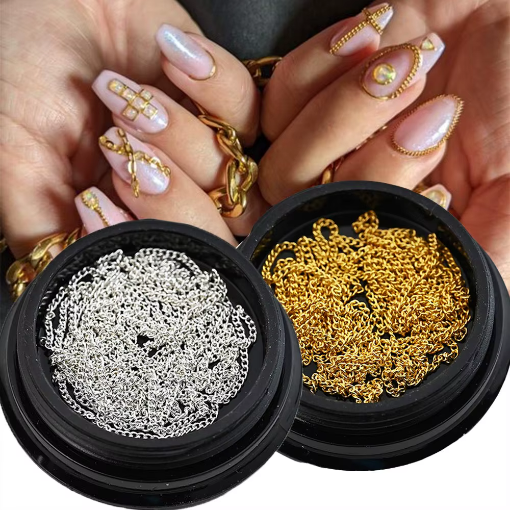 Chaînes de décoration en métal doré et argenté pour Nail Art, 100cm, 3D Punk, luxe, chaîne à paillet